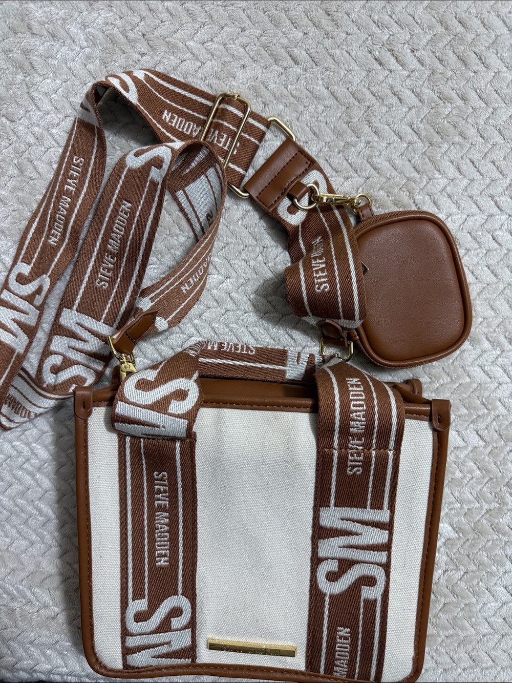 Steve Madden Brown & White Canvas Messenger Crossbody with Logo Strap